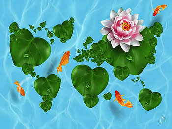 Natural world, sea, fishes, natural, art, beautiful, land, lily, nice, leaves, painting, pretty, world, flowers, lovely HD wallpaper