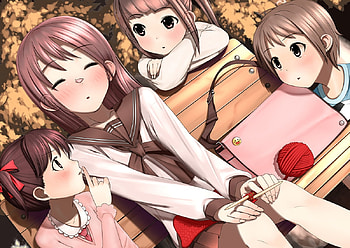Blushing Sleep, Anime Girl, Knitting, School Bag, Anime, Cute, Bench, Seifuku, Brunette, Cherry Blossom, School Uniform, Blushing, Long Hair, Big Eyes, Sleeping HD wallpaper