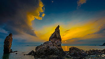 Sunset at the coast, clouds, sea, sky, rocks, colors HD wallpaper