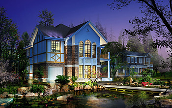 Building, House, Artistic, Cgi, Garden, Pond HD wallpaper