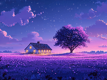 Purple Serenity: Anime Landscape with a Charming House, purple, anime landscape, house HD wallpaper