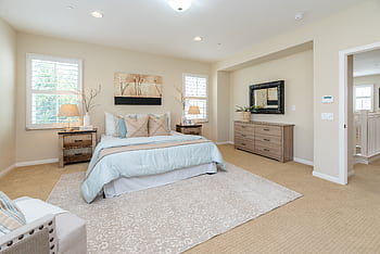 Bright modern bedroom with neutral decor and cozy ambiance, perfect for home decor inspiration. HD wallpaper