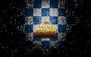 Skyliners Frankfurt, glitter logo, BBL, blue white checkered background, basketball, german basketball club, Skyliners Frankfurt logo, mosaic art, Basketball Bundesliga HD wallpaper