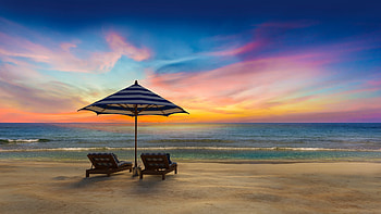 Tropical Sunset, sea, umbrella, sand, loungers, landscape, clouds, colors, sky HD wallpaper