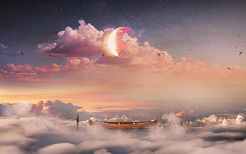 Boat Stars Planet Fantasy Art, fantasy, artist, artwork, digital-art, boat, sky, clouds HD wallpaper