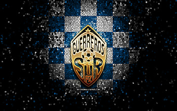 Municipal Perez Zeledon FC, glitter logo, Liga FPD, blue white checkered background, soccer, Costa Rican football club, Municipal Perez Zeledon logo, mosaic art, football, AD Municipal Perez Zeledon HD wallpaper