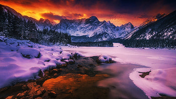Sunset in the Mountains, snow, peaks, winter, river, landscape, ice HD wallpaper