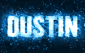 Happy Birtay Dustin, , blue neon lights, Dustin name, creative, Dustin Happy Birtay, Dustin Birtay, popular american male names, with Dustin name, Dustin HD wallpaper