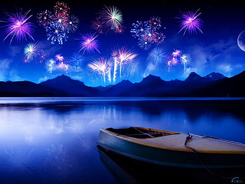 Firework at lake, blue, boat, lakes, reflection, landscape, sky, nature, fire HD wallpaper