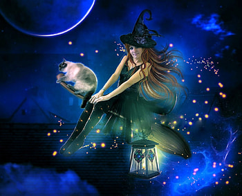★Halloween Flying Witch★, holidays, cats, colors, digital art, witch, halloween, happy, magic, weird things people wear, flying, beautiful, creative pre-made, love four seasons, fantasy, manipulation, lantern, lovely HD wallpaper