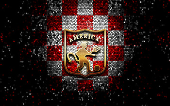 America de Cali FC, glitter logo, Categoria Primera A, red white checkered background, soccer, colombian football club, America de Cali logo, mosaic art, football, America de Cali SA, Colombian football league HD wallpaper