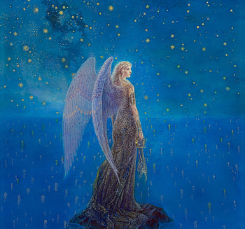Solitude, blue, fantasy, girl, angel, sky, stars, water, kinuko y craft, art HD wallpaper