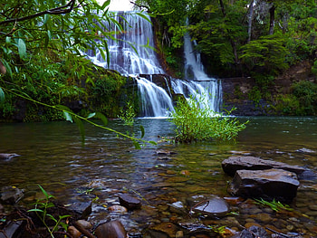 Beautiful Waterfall, art , trees, waterfall, beautiful, colours, water, rocks, stones HD wallpaper