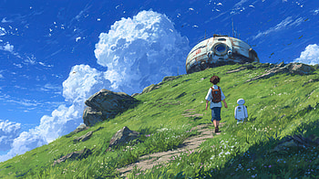 Anime Boy And Robot Together We Find Home, anime-boy, robot, home, sky, field, grass, clouds, artist, artwork, art, digital-art, ai, deviantart HD wallpaper