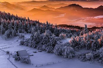 Beautiful View, winter, landscape, snow, clouds, trees, nature, sky, mountains, splendor, winter time, sunset HD wallpaper