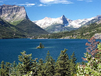 Wild Goose Island on St. Mary Lake, island, sky, lake, mountain HD wallpaper
