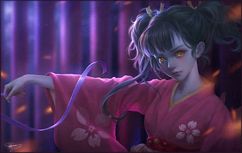 Vampire, japanese, kimono, yellow eyes, frumusete, art, girl, beauty, purple, pink, anime, sunmomo, fantasy, red, luminos, manga HD wallpaper