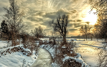 Snow Winter, Winter, Sanset, River, Snow HD wallpaper