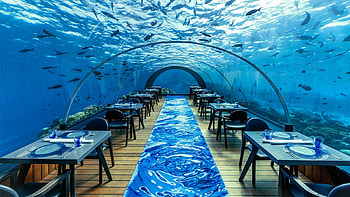 Undersea restaurant Ithaa, restaurant, dome, maldives, tables HD wallpaper