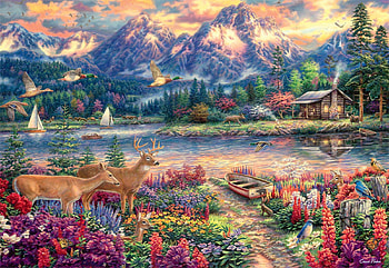 Spring Mountain Majesty, boats, clouds, flowers, sky, mountains, lake, birds, cabin, artwork, painting, deer HD wallpaper