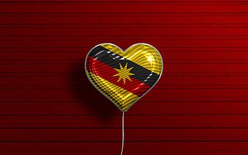 I Love Sarawak, , realistic balloons, red wooden background, Day of Sarawak, malaysian states, flag of Sarawak, Malaysia, balloon with flag, States of Malaysia, Sarawak flag, Sarawak HD wallpaper