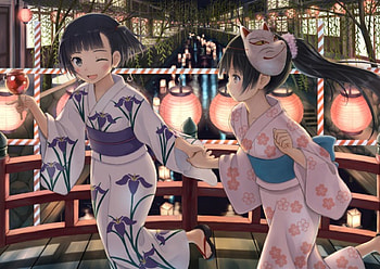 Night Festival, night, kimono, mask, yukata, cute, oriental, beauty, nice, happy, female, japanese, sweet, smiling, smile, japan, girl, beautiful, kawaii, anime girl, anime, pretty, wink, lantern, lovely HD wallpaper