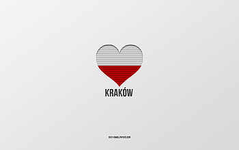 I Love Krakow, Polish cities, Day of Krakow, gray background, Krakow, Poland, Polish flag heart, favorite cities, Love Krakow HD wallpaper