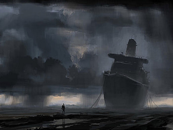 ship, painting, art, sky, dark HD wallpaper