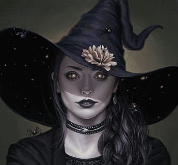 Spider witch, frumusete, black, art, spider, girl, witch, dark, halloween, chalky nan, fantasy, flower, chalky ban, face, luminos, hat HD wallpaper