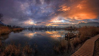 boardwalk and pier on a lake at sunset r, boardwalk, clouds, pier, r, grass, lake, sunset HD wallpaper