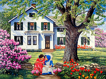 Sharing Secrets, children, tulips, rocks, azalea bush, rock wall, housoe, bonnet, trees, girls, flowers, baskets HD wallpaper
