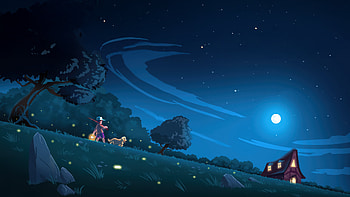 Night Walk With The Fireflies, artist, artwork, art, digital-art, trees, tree, moon, artstation HD wallpaper