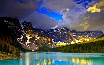 FOREST RIVER, river, blue water, clouds, sky, canada, mountains, forest HD wallpaper