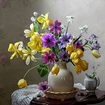 Spring Bouquet, Flowers, Tulips, Vase, Basket HD wallpaper