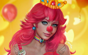 Clown girl, shikarii, pink, fantasy, clown, yellow, face, girl, hair HD wallpaper
