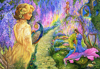 Wisteria Way, blossoms, woman, digital, art, colors, peacock, flowers HD wallpaper