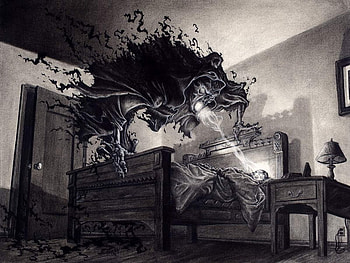 EVERY NIGHT THEY COME, bed girl sleeping, bedroom, black and white, nightmares, monster HD wallpaper