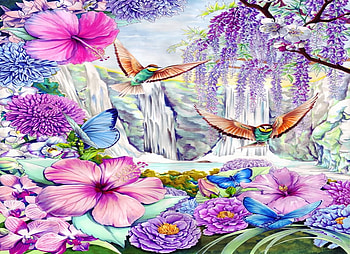 Hidden Valley, butterflies, colorful, birds, fantasy, valley, hidden, flowers, mountains HD wallpaper