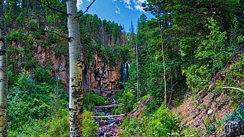 Rough Creek Falls, South San Juan Wilderness, Colorado, sky, aspens, forest, trees, landscape, usa HD wallpaper