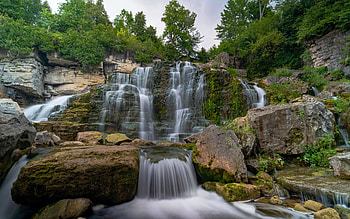 At the base of Inglis Falls - Owen Sound, Ontario, rocks, river, cascades, trees, landscape, canada HD wallpaper