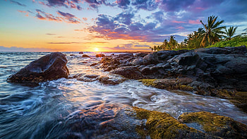 Ki'ilae Bay sunset on the Kona coast of Hawaii, sea, clouds, colors, sky, rocks, usa, palmtrees HD wallpaper