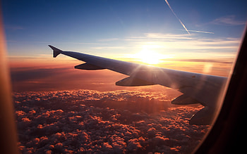 Sunset sky, Cloud formation, Wings of aircraft HD wallpaper