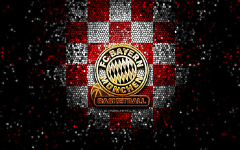 FC Bayern Munich Basketball, glitter logo, BBL, red white checkered background, basketball, german basketball club, FC Bayern Munich Basketball logo, mosaic art, Basketball Bundesliga HD wallpaper