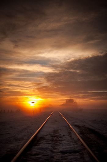 Nature, Sunset, Snow, Horizon, Fog, Railway HD phone wallpaper