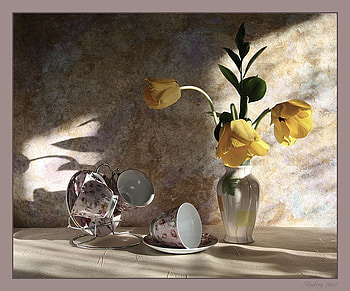 still life 1, cups, composition, art , still life, yellow tulips, vase, nature, nice HD wallpaper