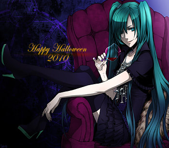 Happy Halloween, blue, chair, black, awesome, vocaloid, dress, nice, miku, halloween, vocaloids, hatsune, thighhighs, sexy, blue eyes, hatsune miku, twintail, hot, blue hair, girl, diva, purple, anime, cool, virtual, 2010 HD wallpaper