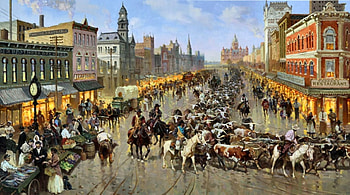 Arriving in Dallas 1, horse, art, Texas, USA, Old West, beautiful, illustration, Dallas, artwork, wide screen, painting, equine, cattle HD wallpaper
