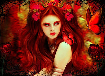 Red Fantasy, digital, leaves, butterfly, art, girl HD wallpaper