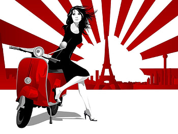 Paris, Eiffel Tower, Vector, Lines, Girl, Stroll, Scooter HD wallpaper