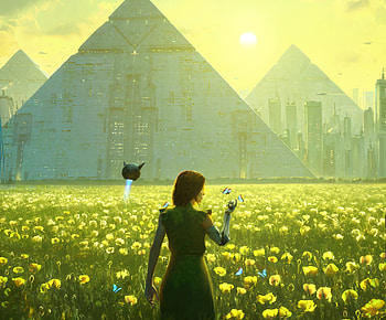 :), raja nanadepu, yellow, field, piramid, girl, blue, art, summer, fantasy, flower, vara HD wallpaper